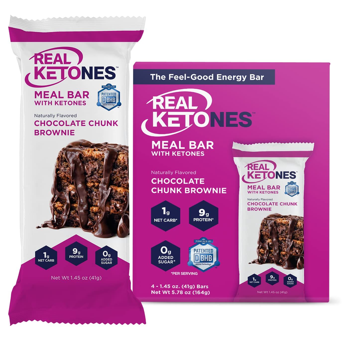 Real Ketones Keto Protein Meal Bar,12 - Pack, Chocolate Chunk Brownie with D-BHB, MCT and Electrolytes, Gluten Free No Sugar Snack Food. Refrigerate on Receiving