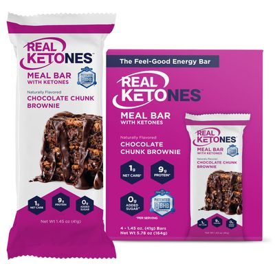Real Ketones Keto Protein Meal Bar,12 - Pack, Chocolate Chunk Brownie with D-BHB, MCT and Electrolytes, Gluten Free No Sugar Snack Food. Refrigerate on Receiving
