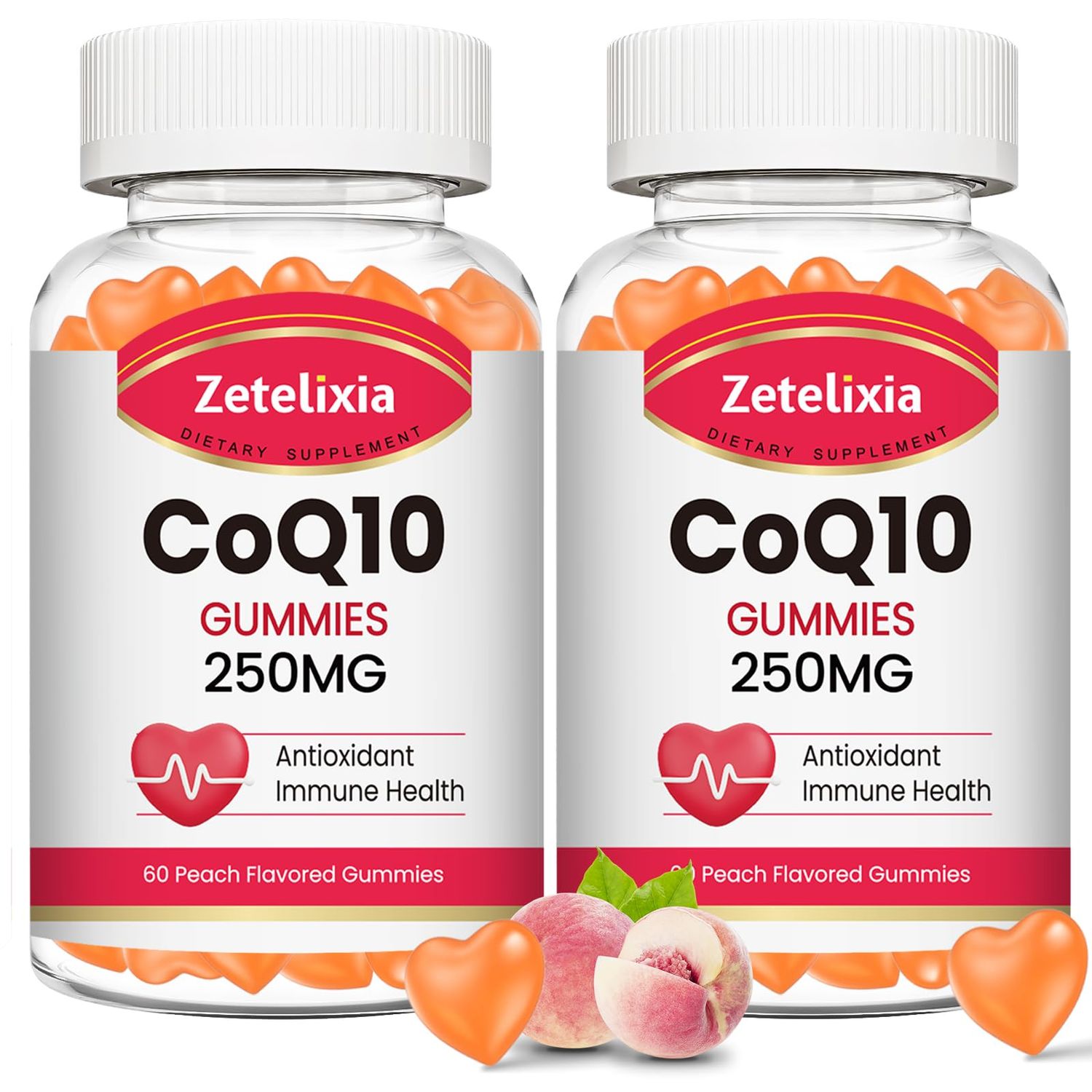 Zetelixia 2 Pack CoQ10 Gummies, 5X Better Absorption Coenzyme Q10 for Cellular Energy and Antioxidant Support, 120 Peach Gummies