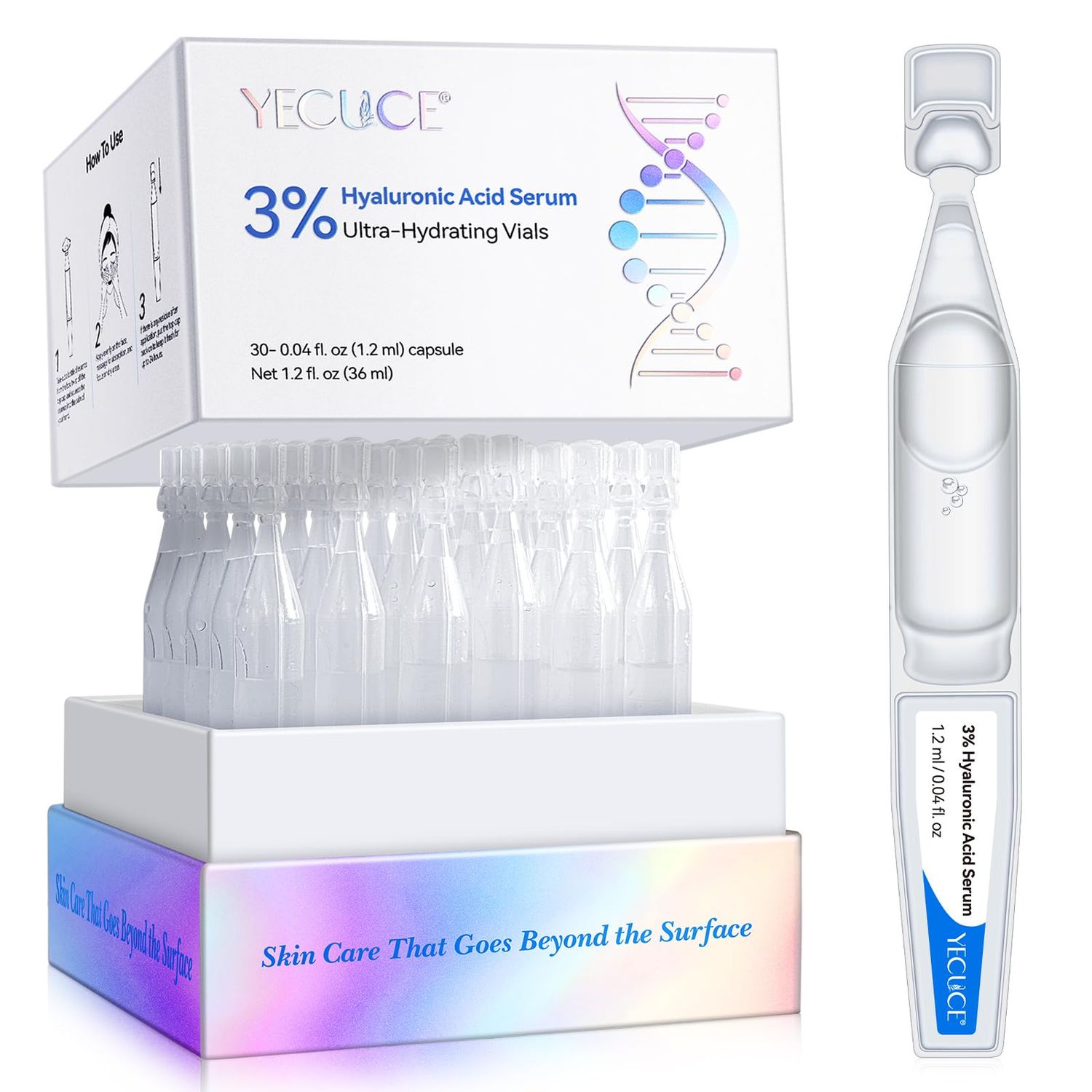 Hyaluronic Acid Serum for Face - 3 Pure Hyaluronic Acid, Hydrating Face Serum for Women Men, Anti-Aging Skin Care for Hydration Glow (1.2 ML x 30 PCS)