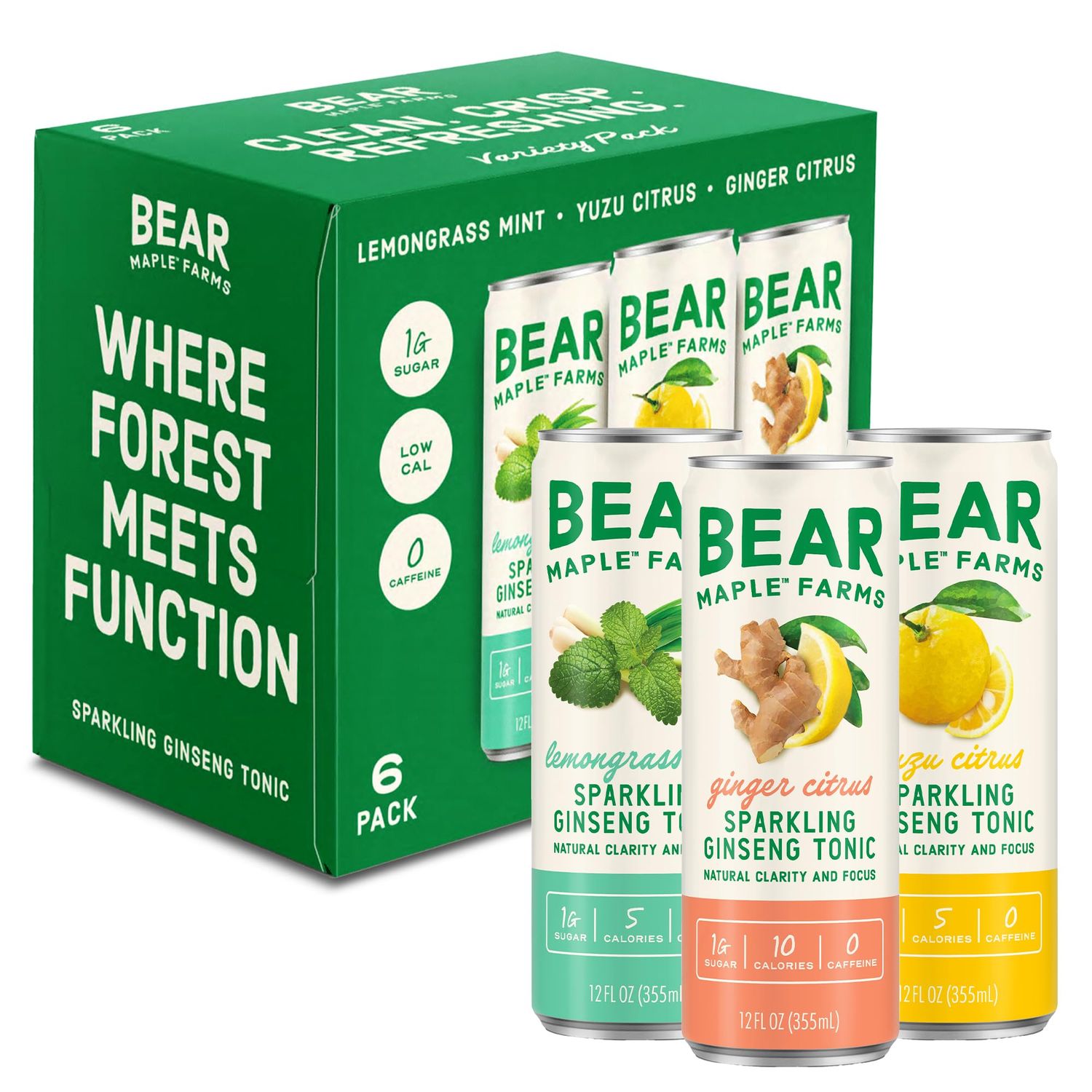 Bear Maple Farms Sparkling Ginseng Tonic Natural Focus Clarity from Ginseng No Caffeine 5-10 calories per serving Naturally Sweetened 12oz can - Variety Pack, 6 count