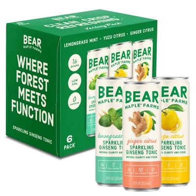 Bear Maple Farms Sparkling Ginseng Tonic Natural Focus Clarity from Ginseng No Caffeine 5-10 calories per serving Naturally Sweetened 12oz can - Variety Pack, 6 count