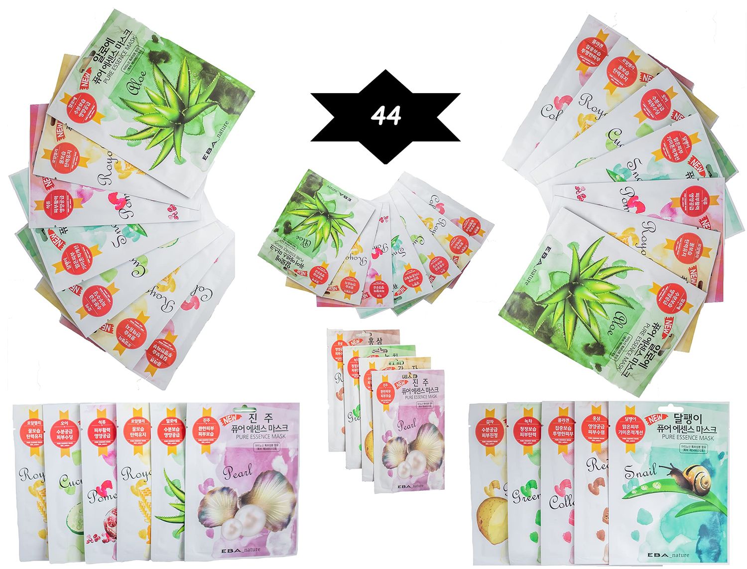 Eba nature 44 Pcs Combo-Pack, Premium Korean Pure Essence Facial Mask Sheet (11 Types x 4 pcs), hydrating. moisturizing