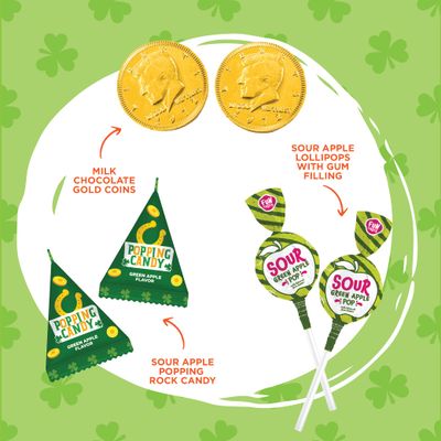 St. Patrick's Day Candy Assortment - 3 Pound Bulk Pack - Milk Chocolate Gold Coins, Sour Apple Popping Rocks and Gum-Filled Lollipops