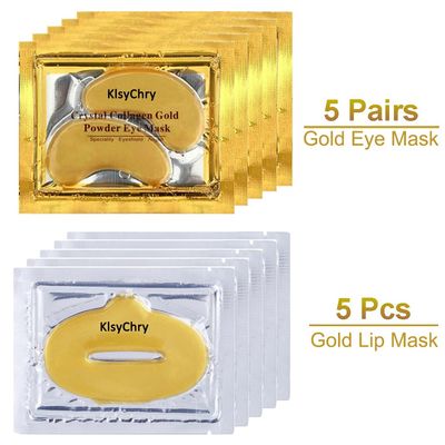 KlsyChry 24K Gold Gel Crystal Collagen Lip and Eye Mask, 5 Pairs Gold Eye Mask Pads and 5 Pcs Gold Lip Patches for Moisturizing, Anti Wrinkle, Anti Aging, Hydrating Lips and Eyes
