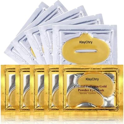 KlsyChry 24K Gold Gel Crystal Collagen Lip and Eye Mask, 5 Pairs Gold Eye Mask Pads and 5 Pcs Gold Lip Patches for Moisturizing, Anti Wrinkle, Anti Aging, Hydrating Lips and Eyes