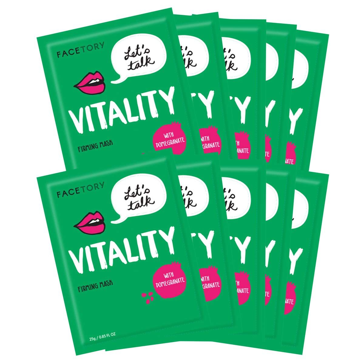 FACETORY K Beauty Face Mask Skin Care - LET&#39;S TALK VITALITY FIRMING Sheet Mask with Pomegranate Shea Butter Firming Mask with Antioxidants, Plump Hydrate (10 Pack)