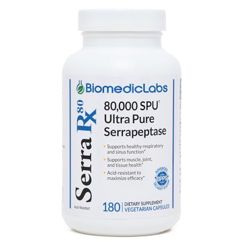 Serra-RX 80,000 SU Serrapeptase - Acid-Resstant Proteolytic Systemic Enzyme, Non-GMO, Gluten Free, Vegan, Supports Sinus Lung Health, 180 Veg Capsules