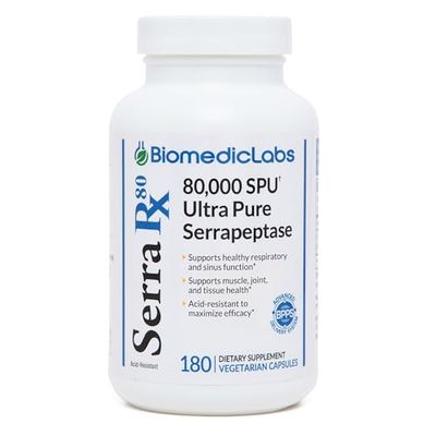 Serra-RX 80,000 SU Serrapeptase - Acid-Resstant Proteolytic Systemic Enzyme, Non-GMO, Gluten Free, Vegan, Supports Sinus Lung Health, 180 Veg Capsules