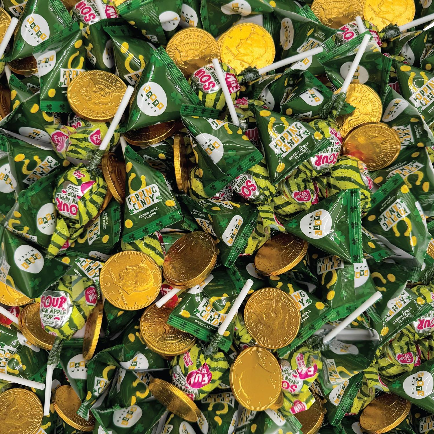 St. Patrick&#39;s Day Candy Assortment - 3 Pound Bulk Pack - Milk Chocolate Gold Coins, Sour Apple Popping Rocks and Gum-Filled Lollipops