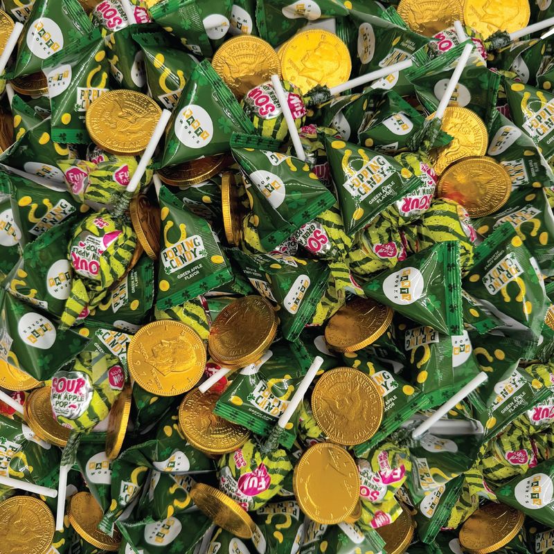 St. Patrick's Day Candy Assortment - 3 Pound Bulk Pack - Milk Chocolate Gold Coins, Sour Apple Popping Rocks and Gum-Filled Lollipops