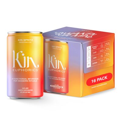 Kin Euphorics Kin Spritz Non-Alcoholic Functional Beverage Invigorating Energizer Adaptogen Nootropic Drink Rhodiola Rosea, 5-HTP, GABA Ginger, Hibiscus, Citrus Ready to Drink 8 Fl Oz (16pk)