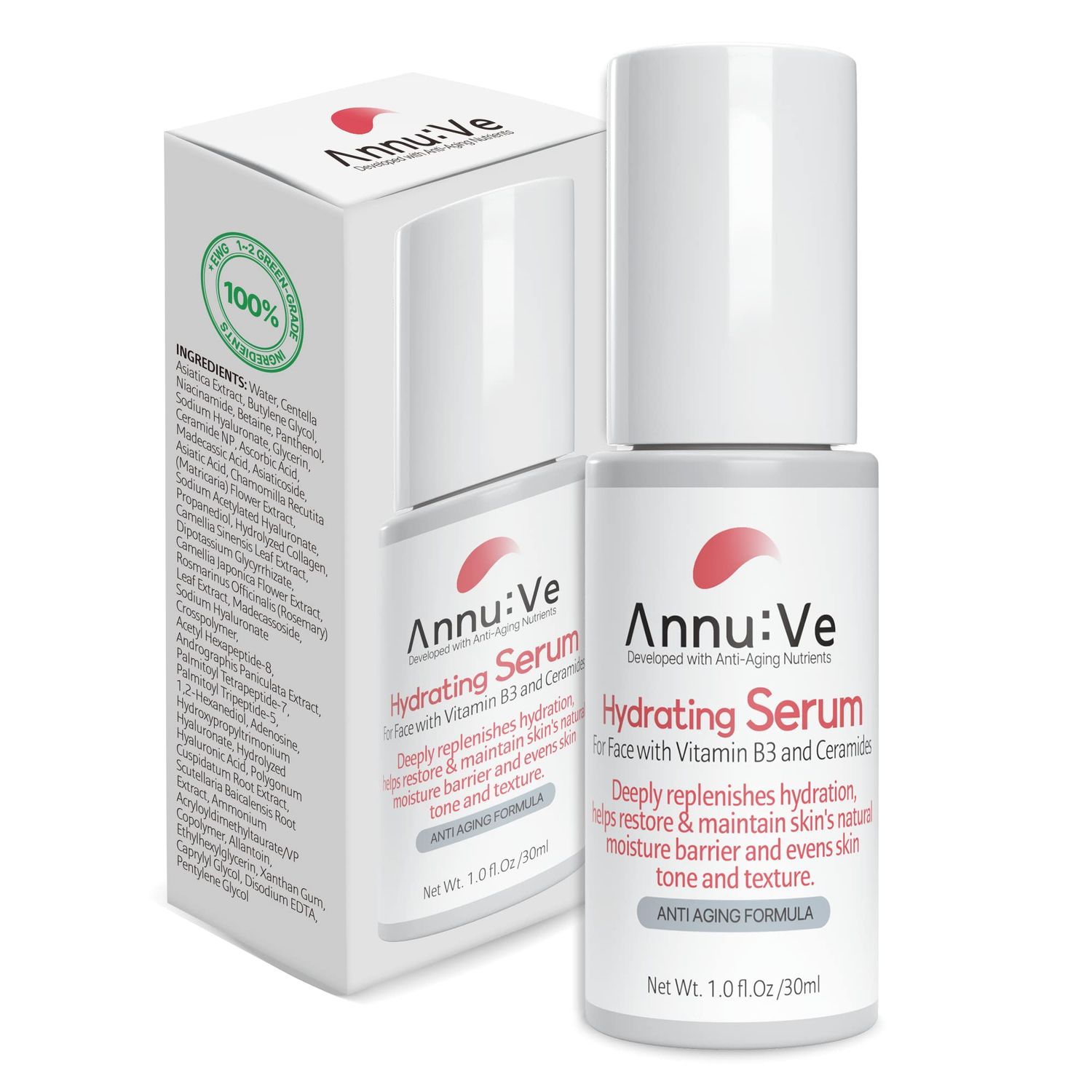 AnnuVe Hyaluronic Acid Serum For Face with Vitamin B3 and Ceramides Hydrating Face Serum for Dry Skin Fragrance Free 1.0 fl.Oz