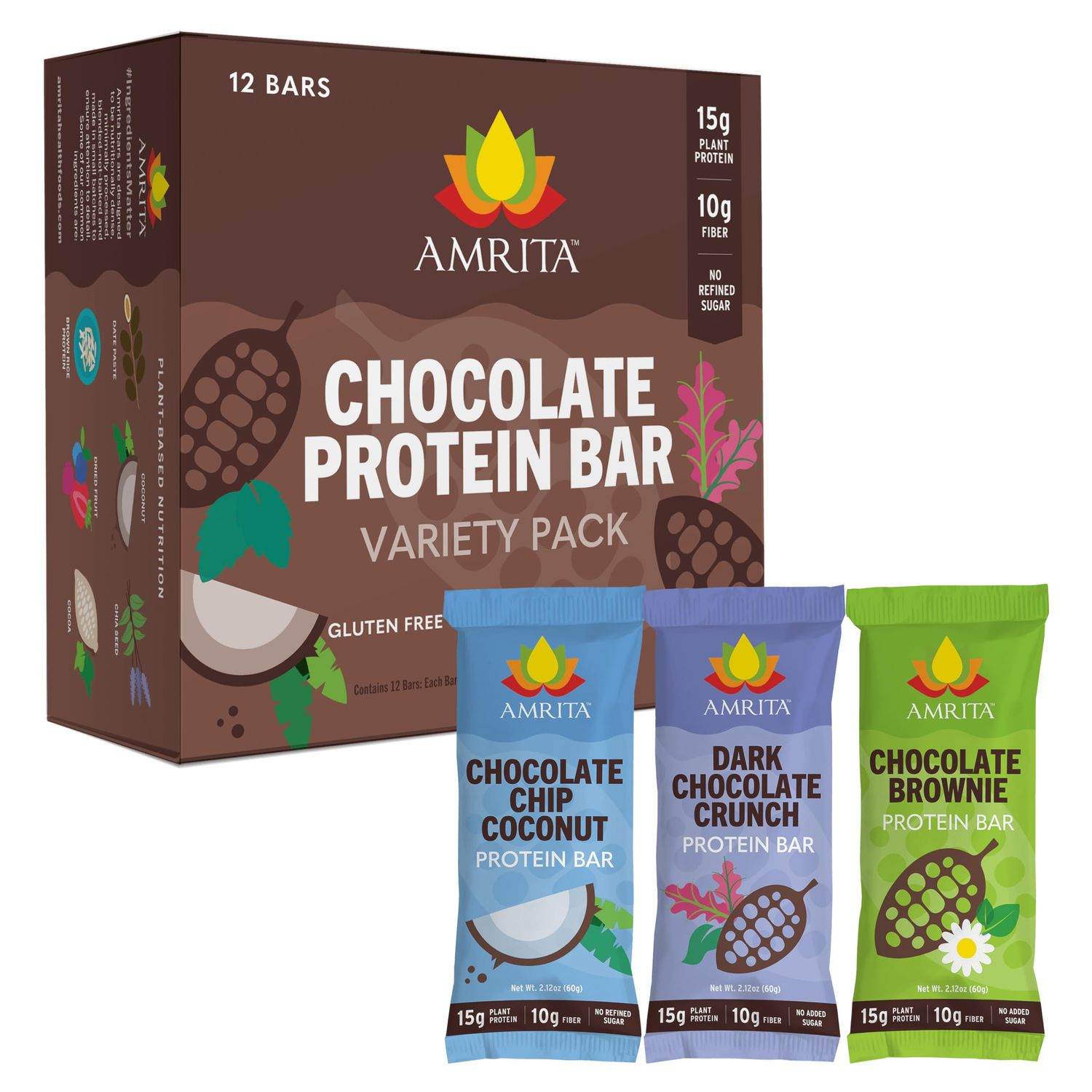 Amrita Nut Free Vegan Protein Bars (12 CT) Chocolate Variety Pack 15g Plant-Based Protein Bar Peanut-Free, Gluten Free, and Dairy-Free No Added Sugar, High Fiber, Healthy Snacks for KidsAdults