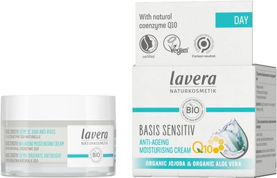 lavera Basis Sensitive Anti Wrinkle Moisturizing Cream - Face Cream with Q10 Aloe Vera - Moisturizing Facial Cream - Anti Aging Cream - PETA Certified - Vegan - Made in Germany - 1.7 Fl Oz