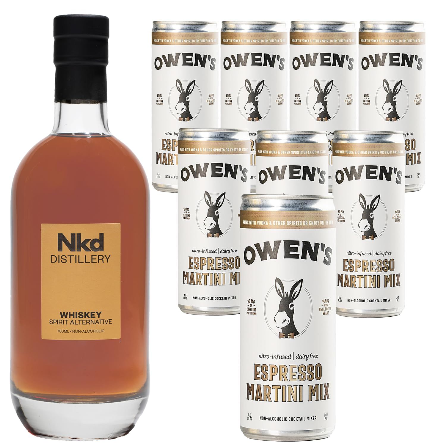 Nkd Distillery Whiskey Alternative Premium Non-Alcoholic Spirit 750 ML Bottles w Owen s Mixers Espresso Martini 8.2 OZ Cans - Perfect for Mocktails - Made in USA