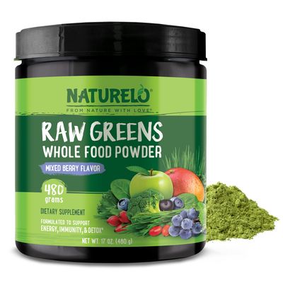 NATURELO Raw Greens Superfood Powder - Mixed Berry - Boost Energy, Detox, Enhance Health - Organic Spirulina - Wheat Grass - Whole Food Nutrition from Fruits Vegetables - 480 Grams