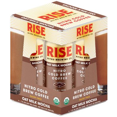 RISE Brewing Co. Oat Milk Mocha Nitro Cold Brew Latte (4 7 fl. oz. Cans) - USDA Organic, Non-GMO Vegan Dairy Free Draft Nitrogen Pour, Clean Energy, Low Acidity Refreshingly Smooth