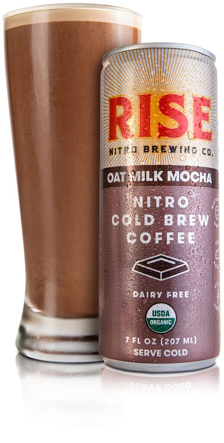 RISE Brewing Co. Oat Milk Mocha Nitro Cold Brew Latte (4 7 fl. oz. Cans) - USDA Organic, Non-GMO Vegan Dairy Free Draft Nitrogen Pour, Clean Energy, Low Acidity Refreshingly Smooth