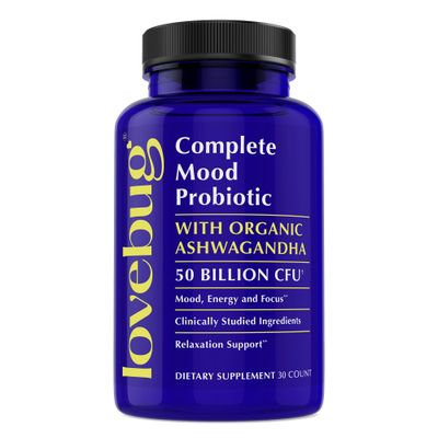 Lovebug Complete Mood Probiotic 10 Clinically Studied Probiotic Strains Patented Organic Ashwagandha for Cortisol and Serotonin Support Natural Energy Adaptogenic Stress-Defense 30 Count
