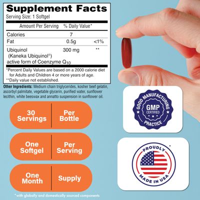 Health Thru Nutrition Ubiquinol 300mg 30 Softgels as Kaneka QH Reduced CoQ-10 Stabilized - 3rd Party Tested Enhanced Bioavailability Cardiovascular Mitochondria Function Support Non-GMO