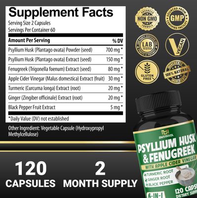 BMVINVOL 6in1 Psyllium Husk, Fenugreek, Apple Cider Vinegar, Turmeric, Ginger, Black Pepper - Soluble Fiber for Supports Digestive Health Regularity - 120 Capsules [2-Month Supply]