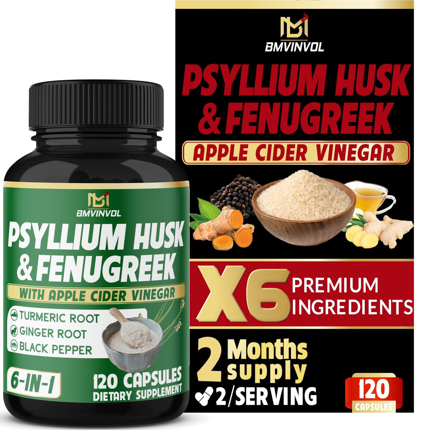BMVINVOL 6in1 Psyllium Husk, Fenugreek, Apple Cider Vinegar, Turmeric, Ginger, Black Pepper - Soluble Fiber for Supports Digestive Health Regularity - 120 Capsules [2-Month Supply]