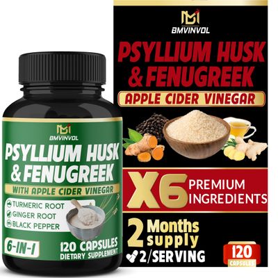 BMVINVOL 6in1 Psyllium Husk, Fenugreek, Apple Cider Vinegar, Turmeric, Ginger, Black Pepper - Soluble Fiber for Supports Digestive Health Regularity - 120 Capsules [2-Month Supply]