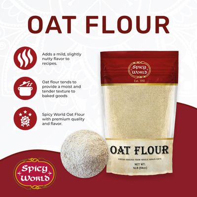 Spicy World Whole Grain Oat Flour 4 Pound Bag (64oz) - Non-GMO, Great Wheat Substitute