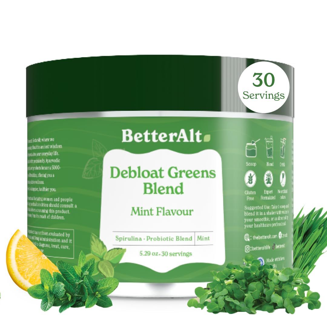 Better Alt Greens Powder, Detox Debloat with 15 Super Greens Blend of Spirulina, Moringa Powder, Wheatgrass, Pre Probiotics, Packed with Anti-oxidants, Mint Flavor, No Maltodextrin, 30 Servings