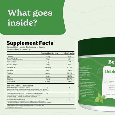Better Alt Greens Powder, Detox Debloat with 15 Super Greens Blend of Spirulina, Moringa Powder, Wheatgrass, Pre Probiotics, Packed with Anti-oxidants, Mint Flavor, No Maltodextrin, 30 Servings