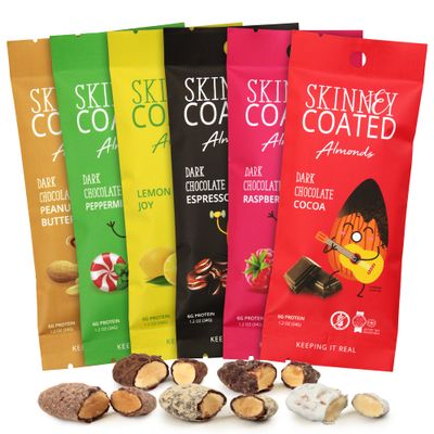 Skinny Coated Almonds Chocolate Snacks Multiple Flavors - Lemon, Dark Chocolate Peanut Butter, Raspberry, Peppermint, Chocolate Espresso Sweet Snacks - Gluten Free Kosher, 1.2Oz Bag, 6g of Protein.