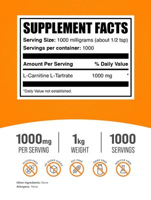 BulkSupplements.com L-Carnitine Tartrate Powder - Amino Acid Powder, Carnitine Supplement - Unflavored Gluten Free, 1g per Serving, 1kg (2.2 lbs) (Pack of 1)