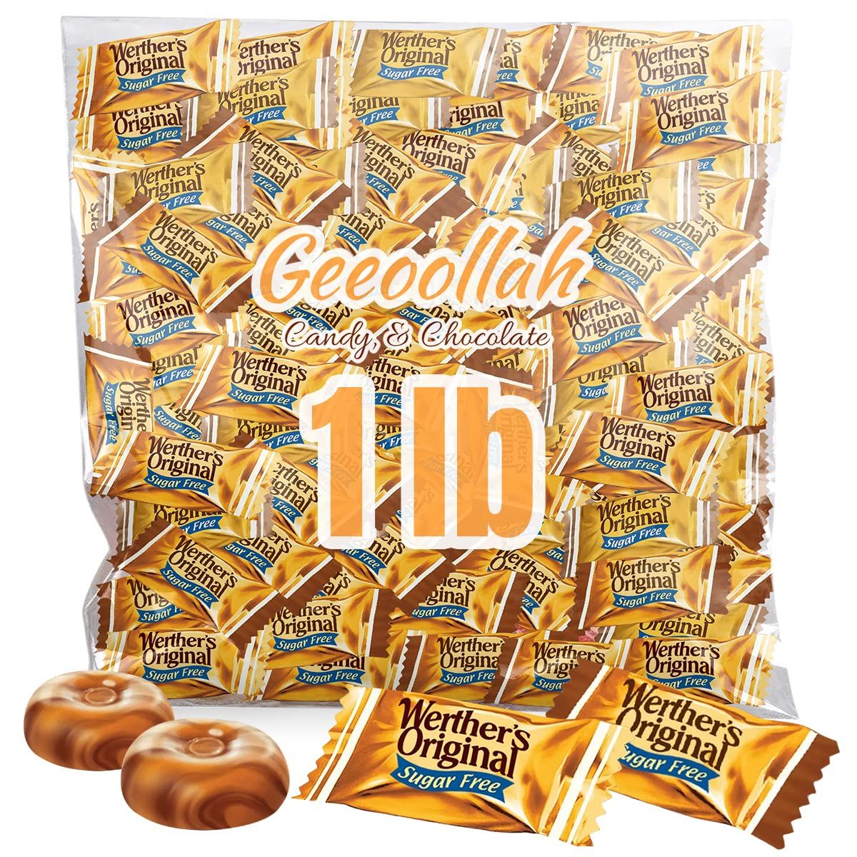 Werther&#39;s Original Hard Sugar Free Caramel Candy, Individually Wrapped Healthy Sweet Caramel Bites for Guilt-Free Pleasure, Melts in Your Mouth in a Satisfying Creamy Way, 1lb
