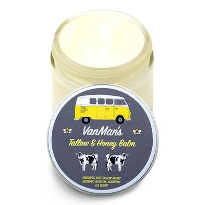 Vanman&#39;s Tallow and Honey Balm With No Added Scent - Beef Tallow Face Moisturizer with Grass-FedFinished Beef Tallow for Skin, Organic Raw Honey and Beeswax, Cold Pressed Olive Oil - 2 oz