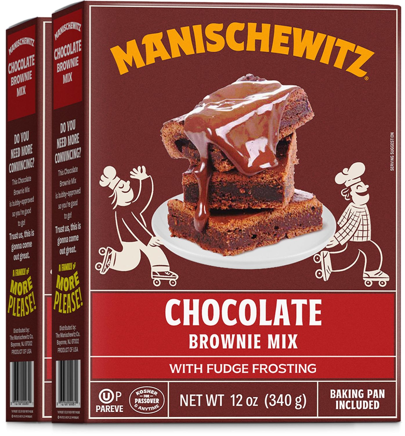Manischewitz Chocolate Brownie Mix With Fudge Frosting, Dairy Free 12oz (2 Pack) Grain Free, Kosher for Passover, Baking Pan Included!
