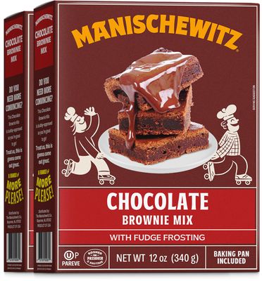 Manischewitz Chocolate Brownie Mix With Fudge Frosting, Dairy Free 12oz (2 Pack) Grain Free, Kosher for Passover, Baking Pan Included!