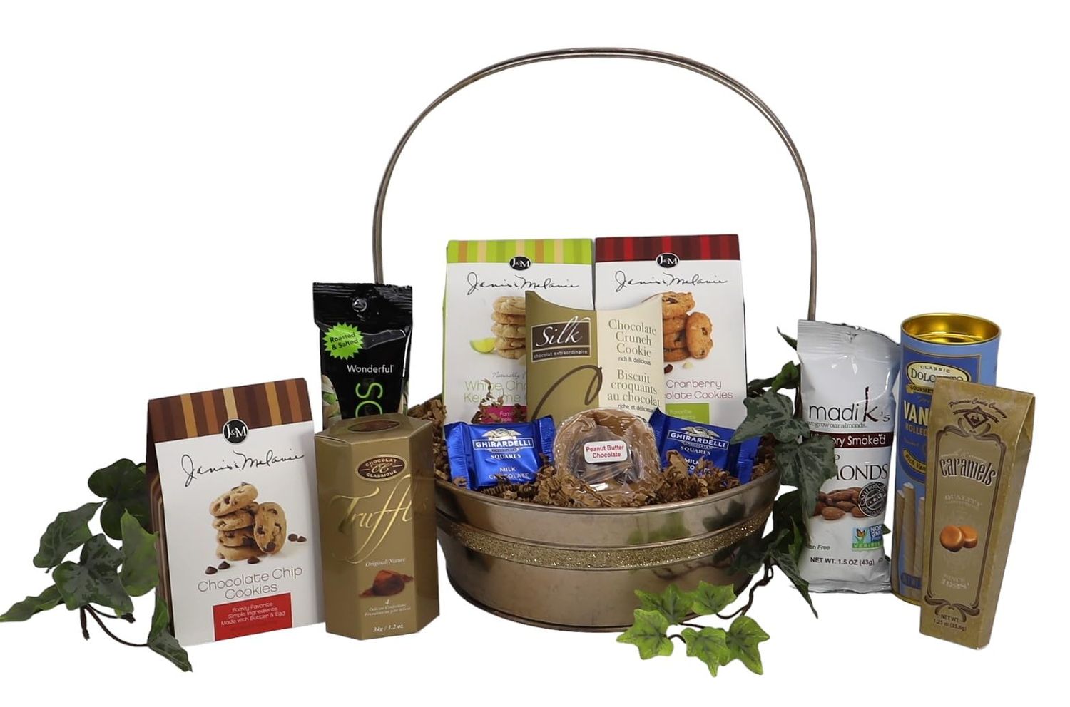 Gift Basket Village: Golden Elegance Medium - Luxurious Assortment of Cookies, Nuts, Wafer Rolls, Chocolates Candy, Ideal Gift