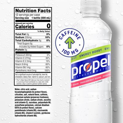 Propel Energy Boost Zero Calorie Flavored Water With Electrolytes and Caffeine, Passionfruit Guava, 16.9 fl oz Bottles (12 Pack)