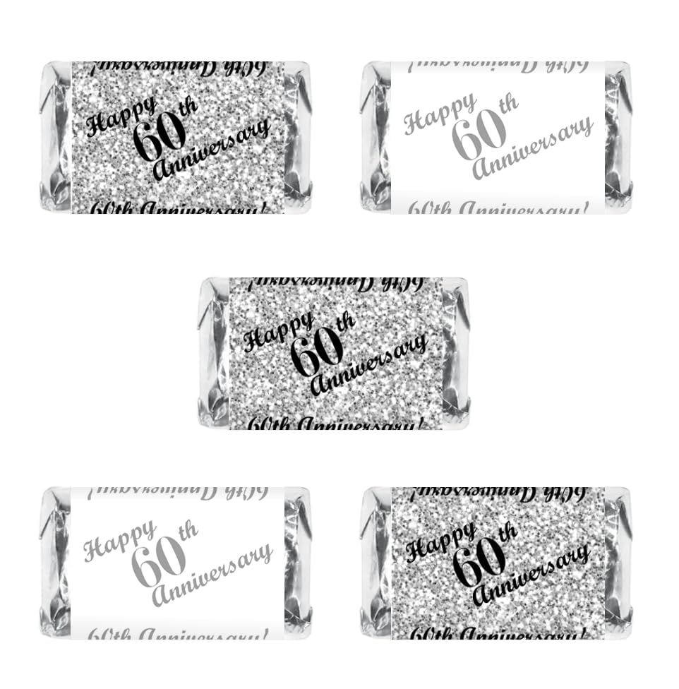 60th Anniversary Miniatures Candy Bar Wrapper, (Set of 60) Mini Chocolate Bar Stickers; Silver and White, Candy Not Included. Made in USA