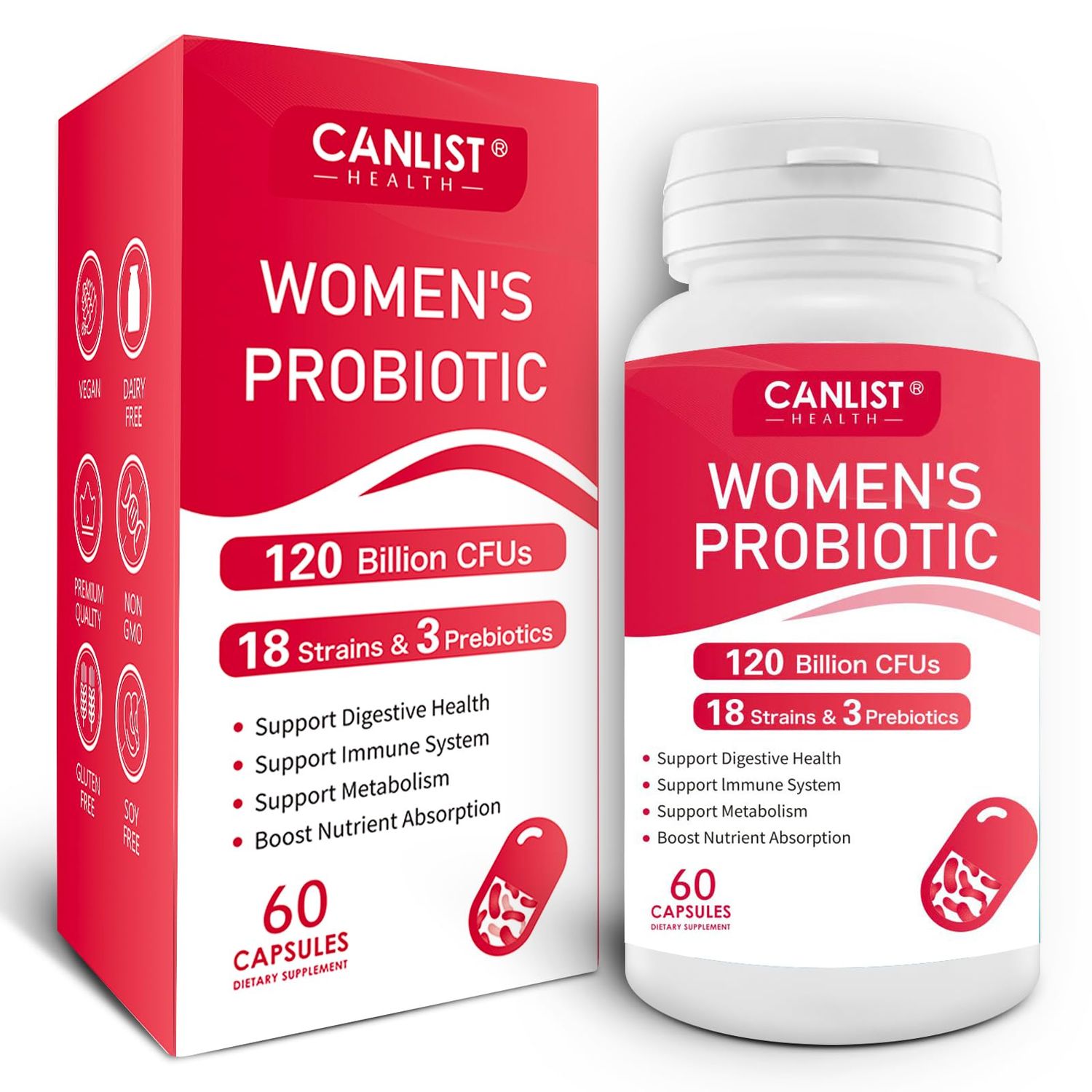 CANLIST Women&#39;s Probiotics120 Billion CFUs 18 Strains 3 Prebiotics Digestive Enzymes Contains Organic Prebiotic Cranberry Women&#39;s Health Digestive Immune Support Non-GMO Soy Gluten Dairy Free