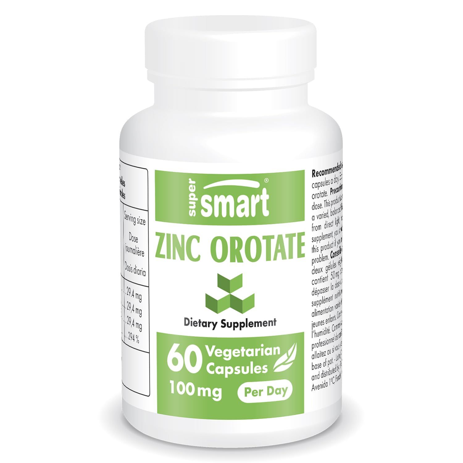 Supersmart - Zinc Orotate Supplement 100mg per Day (Enhanced Form) - Immune Support - Energy Metabolism Booster - Mild Acne Pills - Skin Health Non-GMO Gluten Free - 60 Vegetarian Capsules