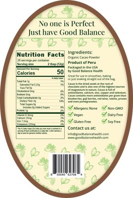 Good Balance Health Cacao Powder Raw Cacao Organic Cacao, Chocolate Powder Perfect for Baking, Smoothies Plant-Based, Organic, Gluten Free, Vegan Friendly, Keto Friendly 12 Ounches (Resealable Bag)