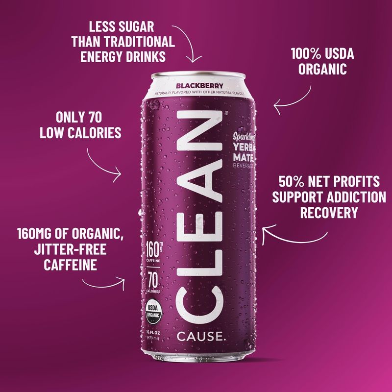 CLEAN Cause Low Calorie Blackberry USDA Organic Sparkling Yerba Mate Tea (16oz cans, 12-Pack Case) Low Sugar, 160mg Caffeine, Healthy Alternative to Soda Energy Drinks.