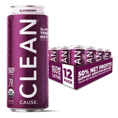 CLEAN Cause Low Calorie Blackberry USDA Organic Sparkling Yerba Mate Tea (16oz cans, 12-Pack Case) Low Sugar, 160mg Caffeine, Healthy Alternative to Soda Energy Drinks.