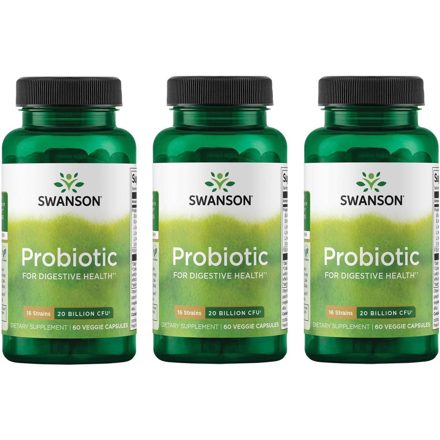 Swanson Probiotic for Digestive Health GI Tract Immune Support Travelers Support 20 Billion CFU with Prebiotic FOS 60 Veggie Capsules (Caps) (3 Pack)