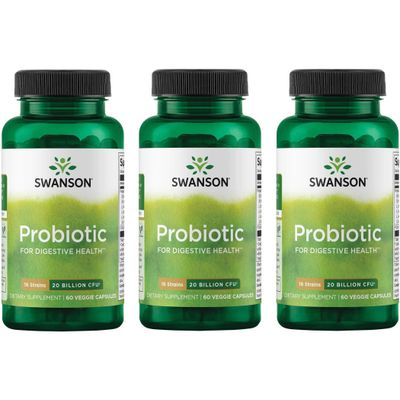 Swanson Probiotic for Digestive Health GI Tract Immune Support Travelers Support 20 Billion CFU with Prebiotic FOS 60 Veggie Capsules (Caps) (3 Pack)