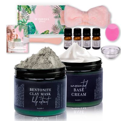 Wishful Parcel USA Made Clay Mask for Face, Deep Cleansing Brightening Face Mask for Dark Spots, and Anti-Aging, Bowl with Face Cream Base and Essential Oil (Clay Mask)