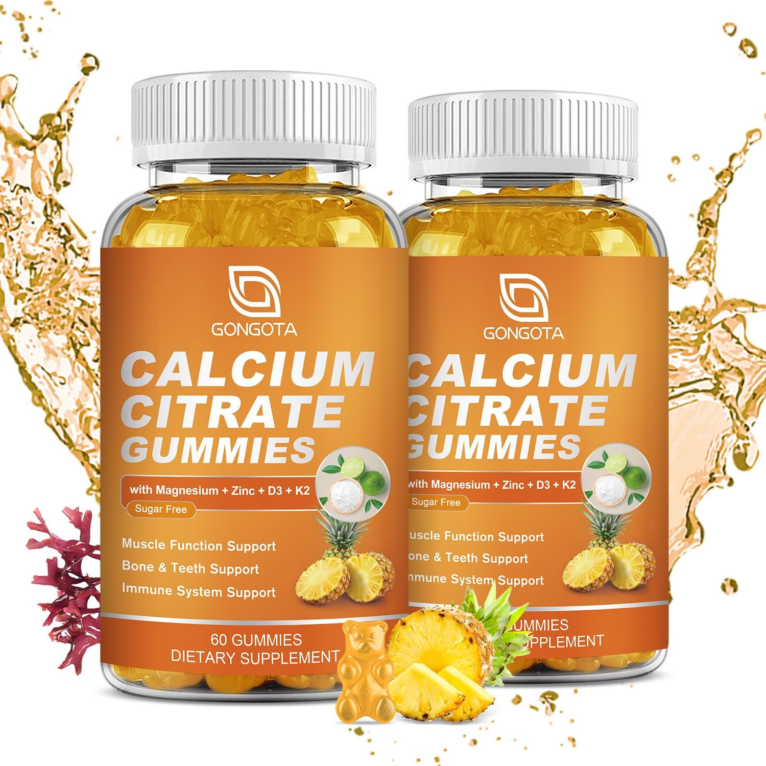 GONGOTA Calcium Citrate 1200mg with Vitamin D3 Gummies, Chewable Calcium for Bone, Muscle, Joints, Immune Support, Calcium Supplements for Women Men,Sugar Free, Pineapple Flavor - 120 Gummies