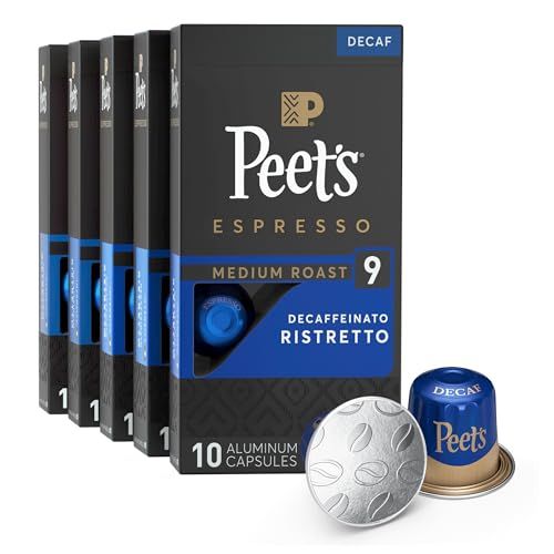 Peet&#39;s Coffee, Medium Roast Decaf Espresso Capsules, Compatible with Nespresso Original Machine - Decaf Ristretto Intensity 10, 50 Count (5 Boxes of 10 Espresso Capsules)